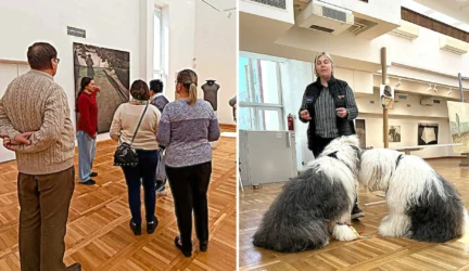 Menininkės Renatos Murauskaitės paroda „Ką kalba daiktai“ ir kaniterapeutės Jelenos Džiugienės augintiniai.